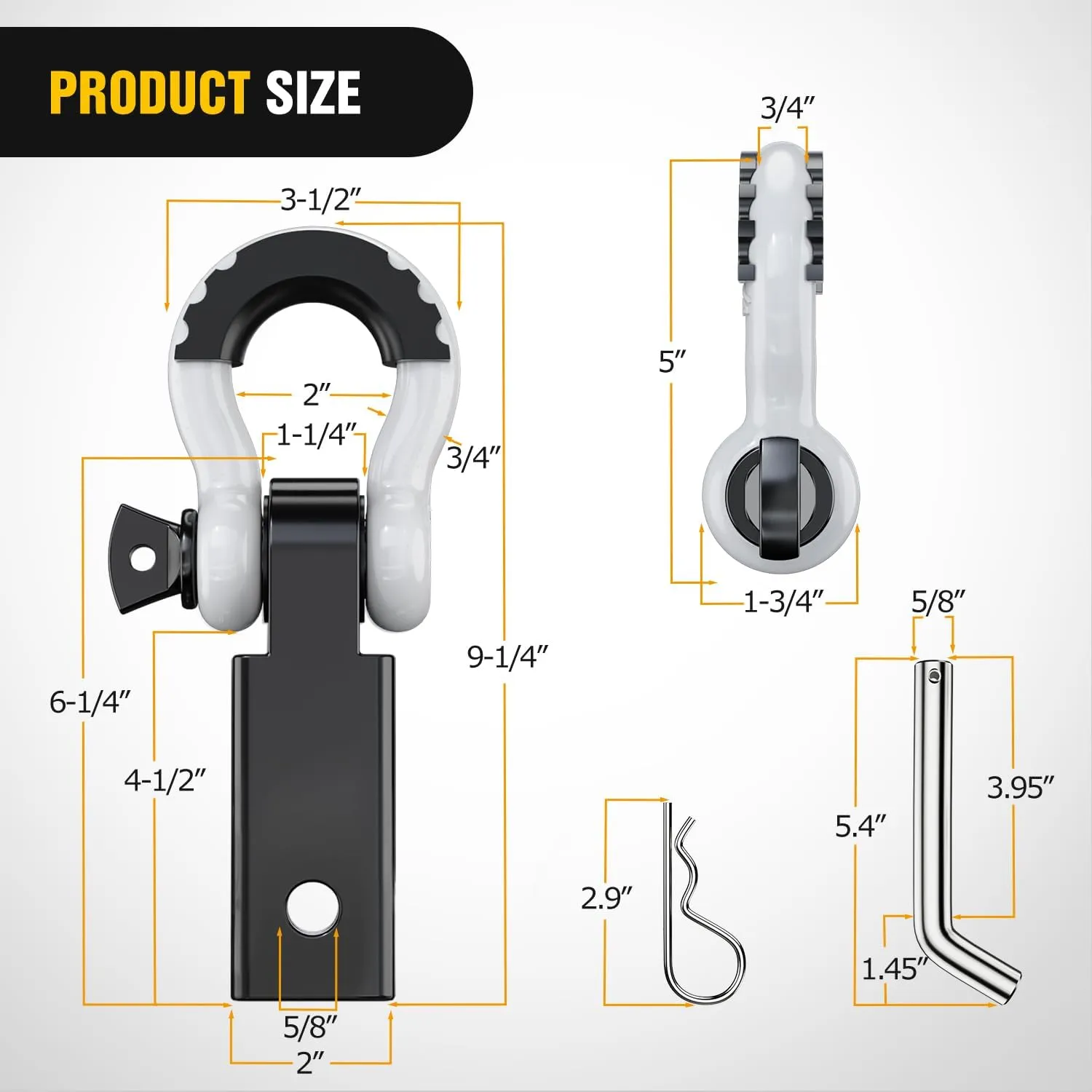2 Inch Shackle Hitch Receiver 3/4 Inch D Ring Kit White Black