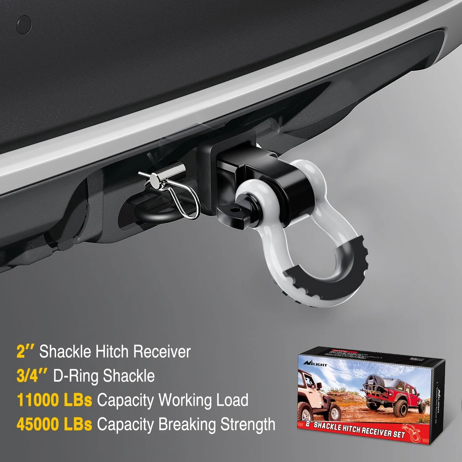 2 Inch Shackle Hitch Receiver 3/4 Inch D Ring Kit White Black
