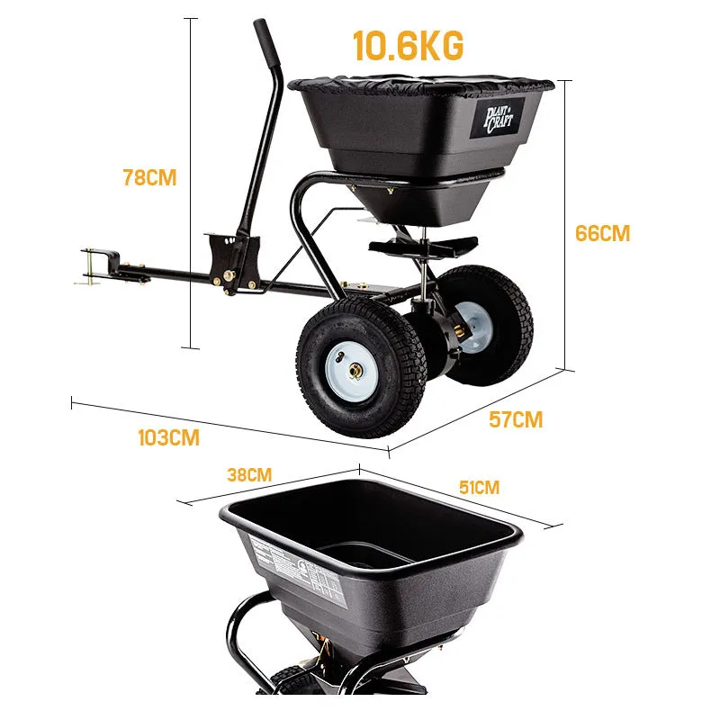 30kg Tow Behind Broadcast Spreader with Poly Hopper & Pneumatic Tyres - Plantcraft