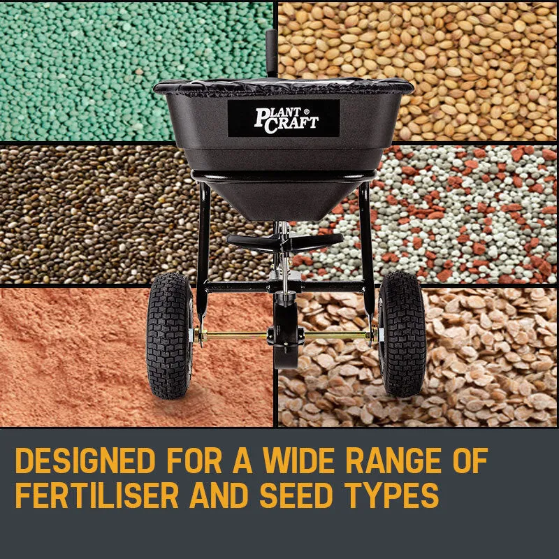 30kg Tow Behind Broadcast Spreader with Poly Hopper & Pneumatic Tyres - Plantcraft