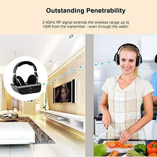 ARTISTE Wireless TV Headphones Over Ear Headsets - Digital Stereo Headsets with 2.4GHz RF Transmitter, Charging Dock, 100ft Wireless Range and Rechargeable 20 Hour Battery, Black