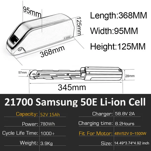 Bluetooth eBike Battery Polly 36V 48V 52V 15Ah 20Ah 25Ah 21700 Samsung 50E Bicycle Bateria for 1500W 1000W 750W 500W 350W Motor