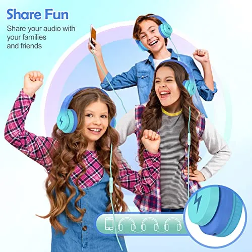 Candy Bila Kids Headphones, Wired Headphones for Kids with Microphone, 85/94dB Volume Limiter Headphones for Girls Boys with Sharing Jack, Foldable Headphones for Online Study, Gradient Blue