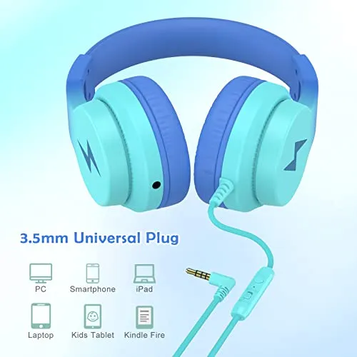 Candy Bila Kids Headphones, Wired Headphones for Kids with Microphone, 85/94dB Volume Limiter Headphones for Girls Boys with Sharing Jack, Foldable Headphones for Online Study, Gradient Blue