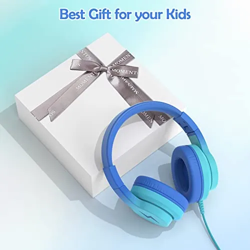 Candy Bila Kids Headphones, Wired Headphones for Kids with Microphone, 85/94dB Volume Limiter Headphones for Girls Boys with Sharing Jack, Foldable Headphones for Online Study, Gradient Blue