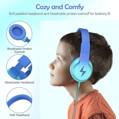 Candy Bila Kids Headphones, Wired Headphones for Kids with Microphone, 85/94dB Volume Limiter Headphones for Girls Boys with Sharing Jack, Foldable Headphones for Online Study, Gradient Blue