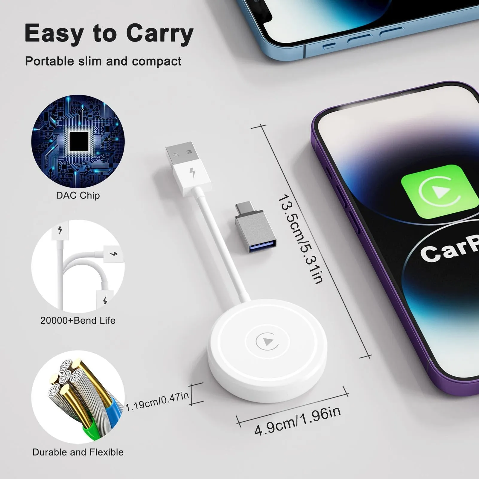 Car Adapter Dongle for Carplay Wire-Controlled to Wireless