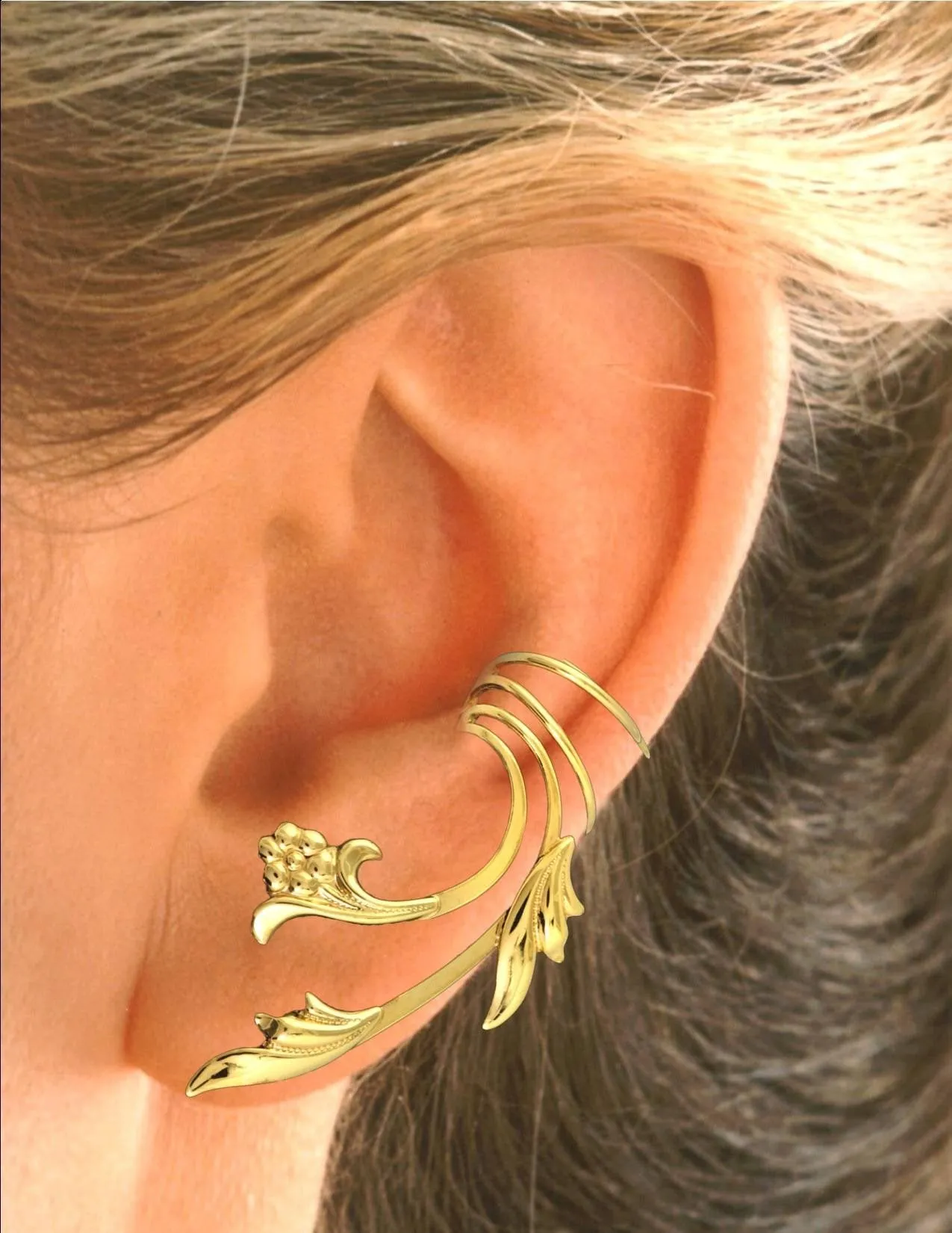 Flower & Leaf Long Wave Ear Cuff