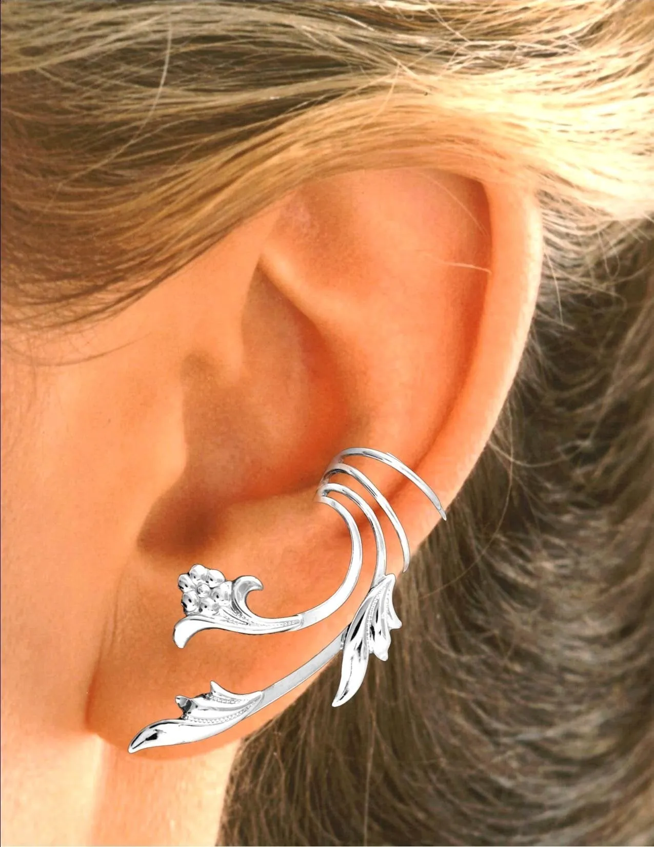 Flower & Leaf Long Wave Ear Cuff