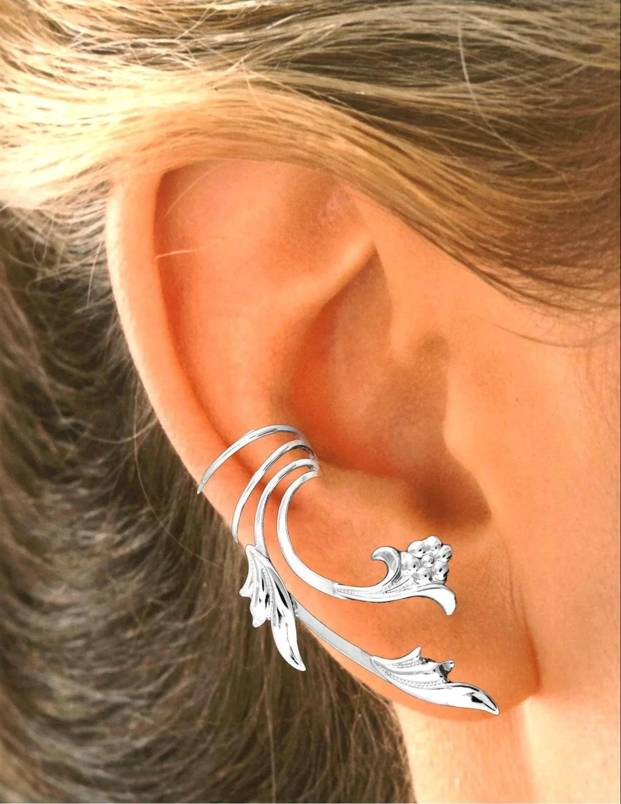 Flower & Leaf Long Wave Ear Cuff