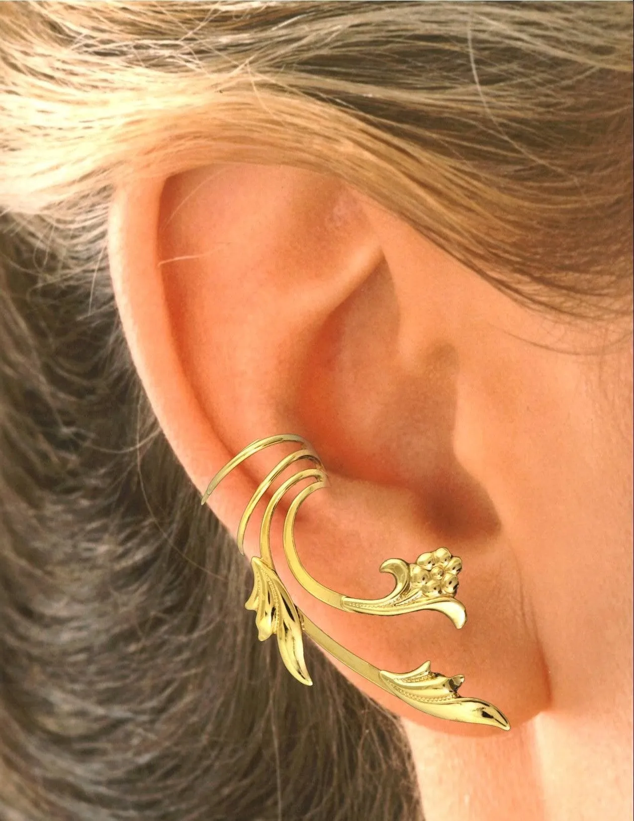Flower & Leaf Long Wave Ear Cuff
