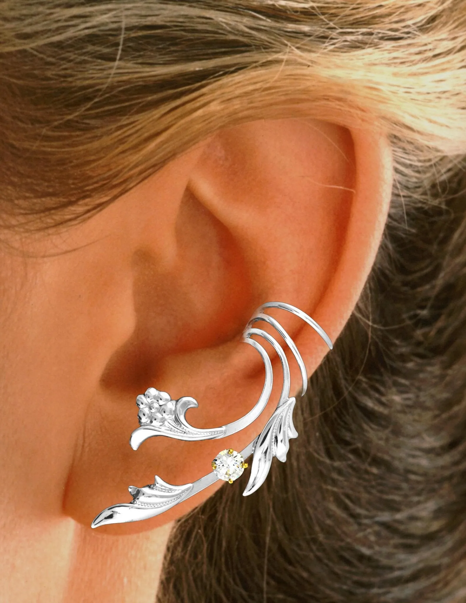 Flower, Leaf & Cubic Zirconia Long Ear Cuff