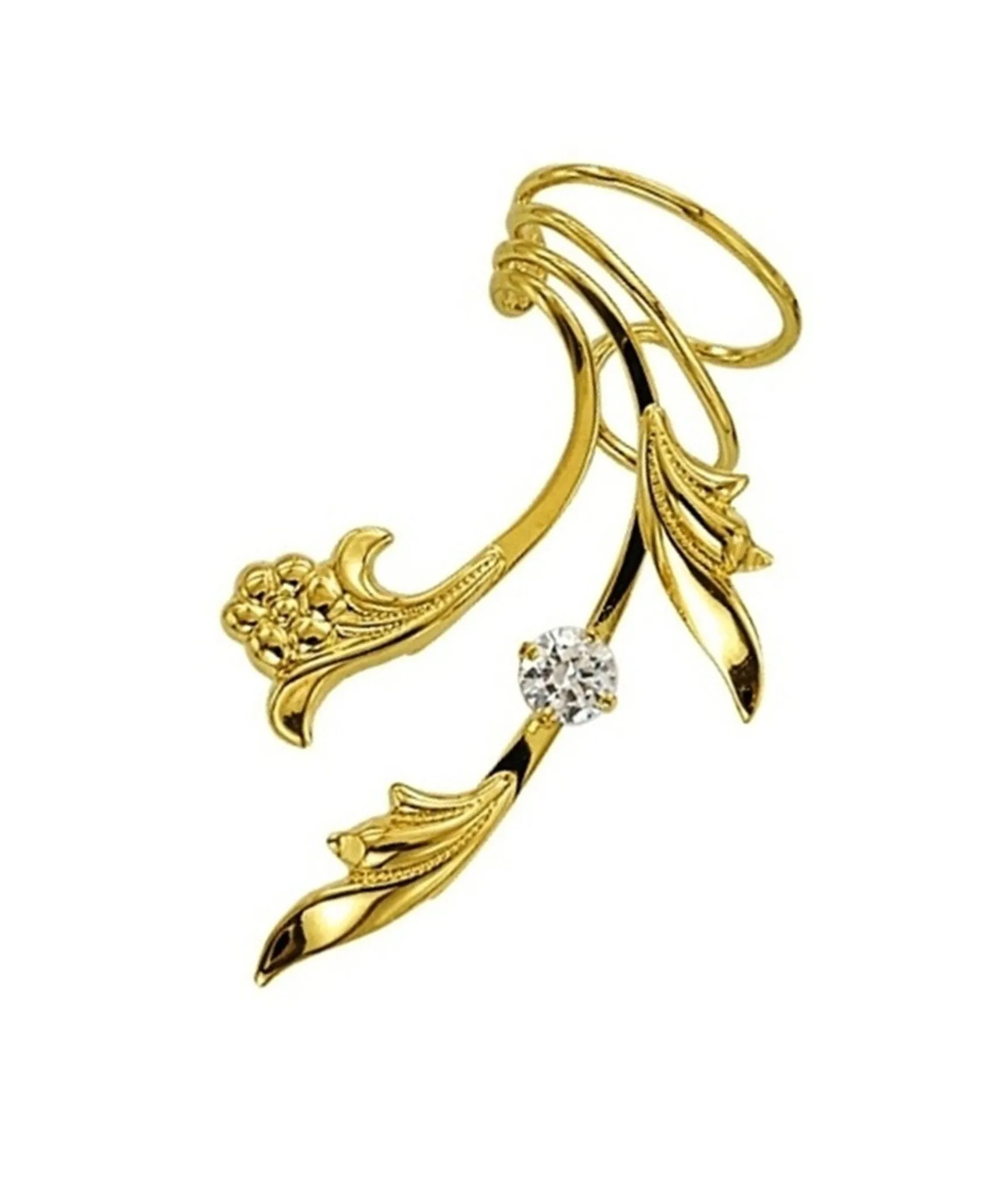 Flower, Leaf & Cubic Zirconia Long Ear Cuff