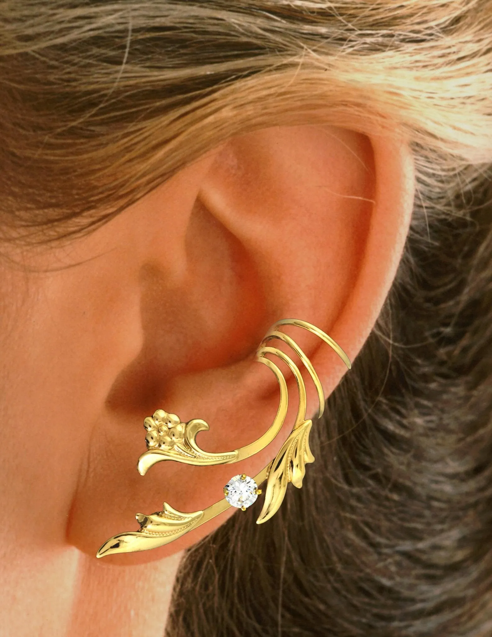 Flower, Leaf & Cubic Zirconia Long Ear Cuff