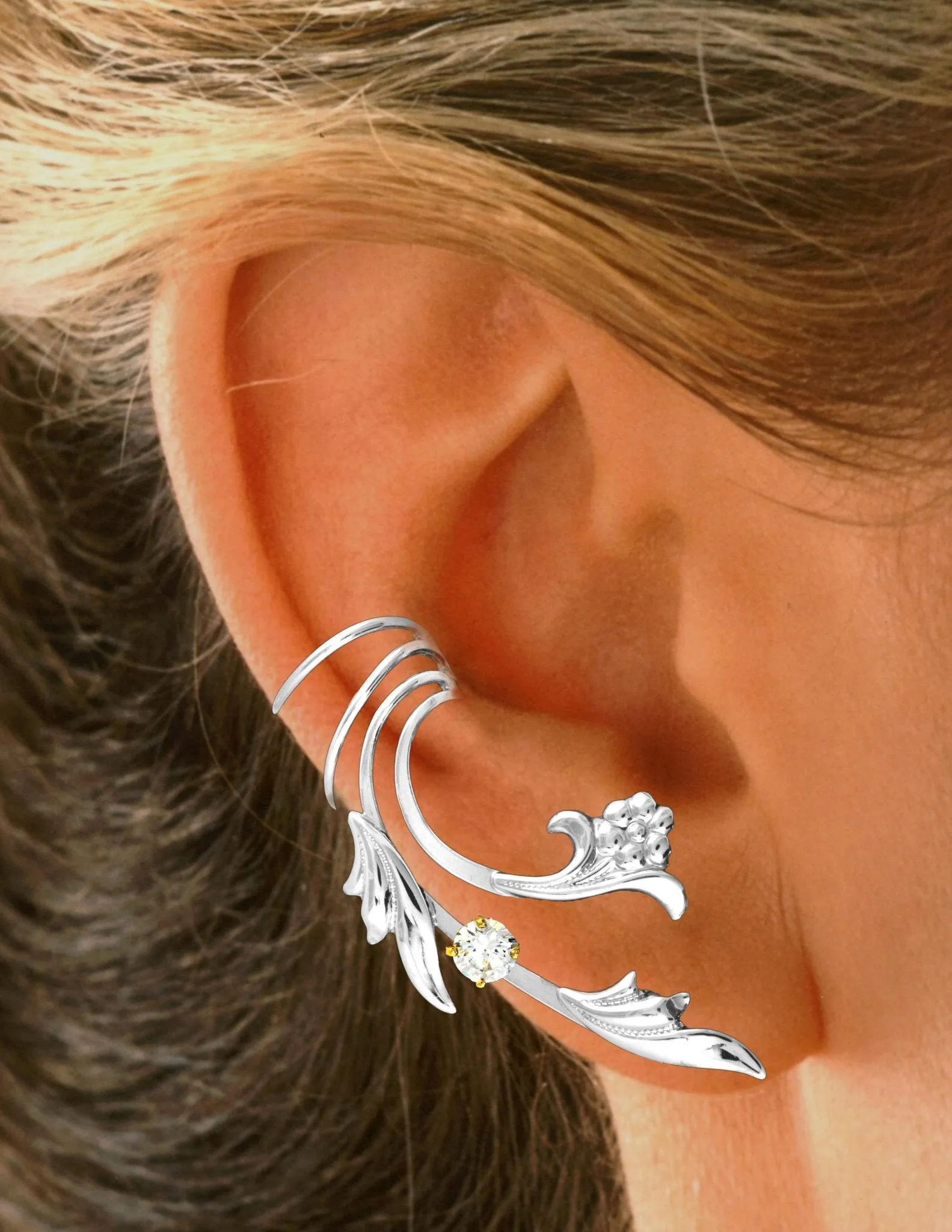 Flower, Leaf & Cubic Zirconia Long Ear Cuff