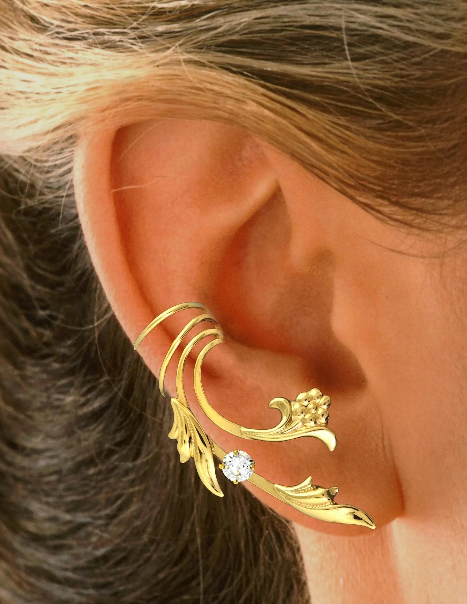 Flower, Leaf & Cubic Zirconia Long Ear Cuff