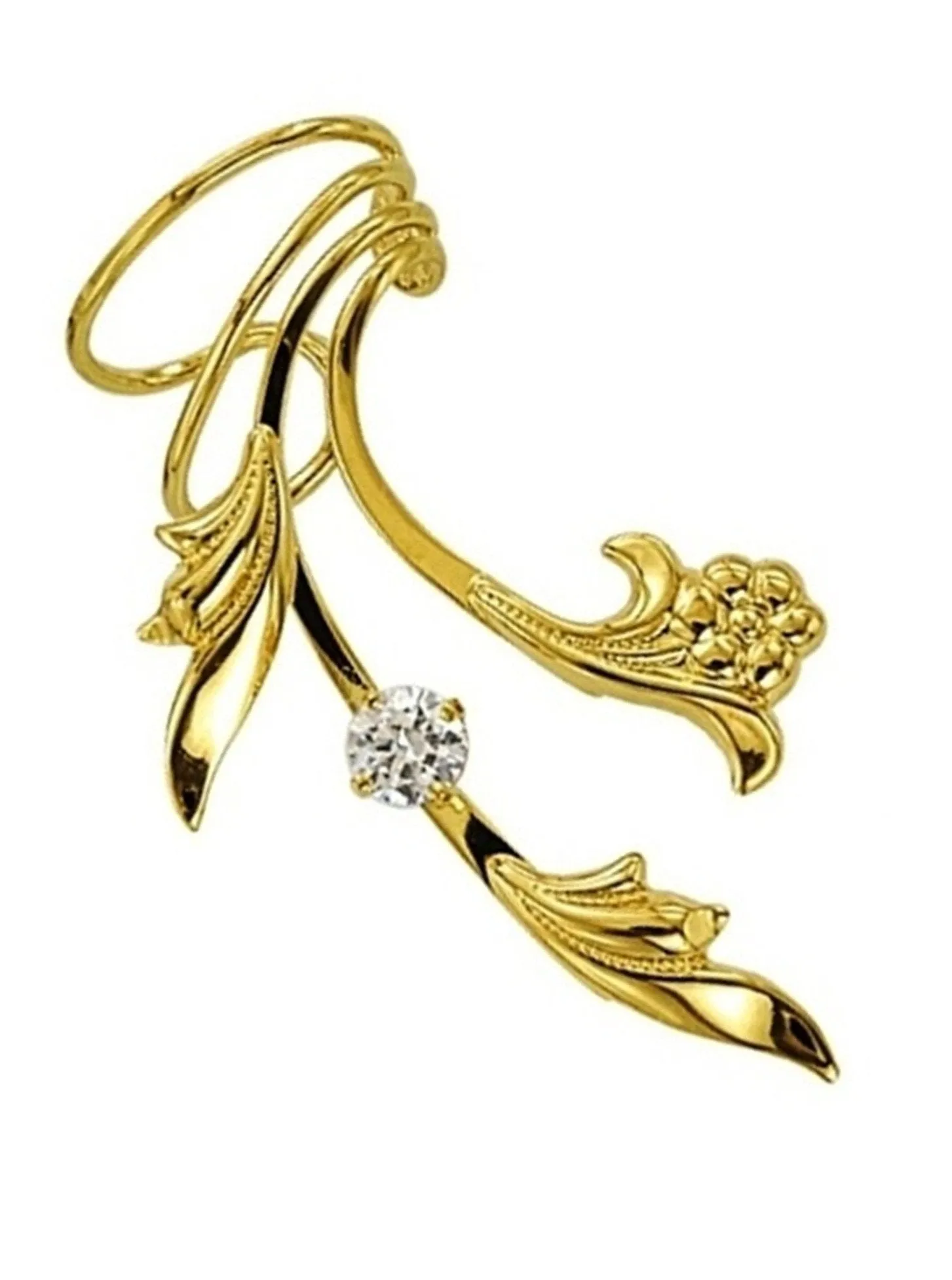 Flower, Leaf & Cubic Zirconia Long Ear Cuff
