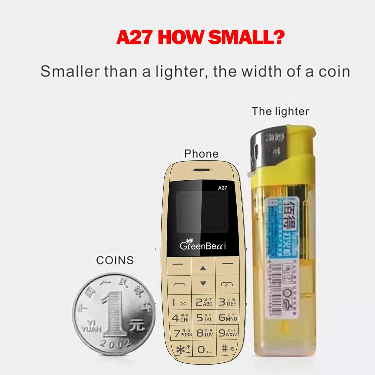 GREENBERRI A27 Mini Small Mobile Phone Bluetooth Dialer Headset 0.66 INCH FSTN Display/Dual SIM Card Dual Standby/DetachablePolymer 600mah Battery (GOLD)
