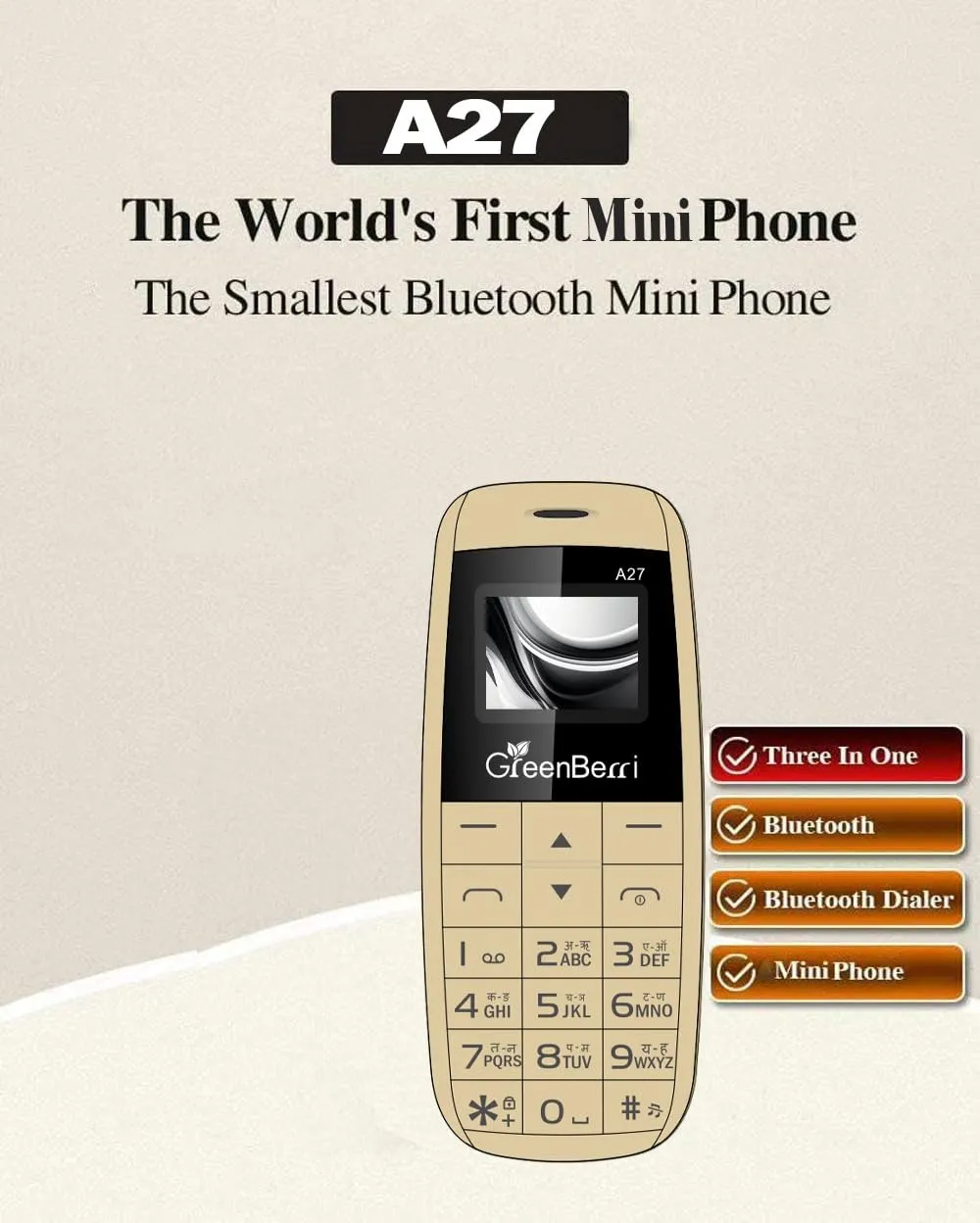 GREENBERRI A27 Mini Small Mobile Phone Bluetooth Dialer Headset 0.66 INCH FSTN Display/Dual SIM Card Dual Standby/DetachablePolymer 600mah Battery (GOLD)