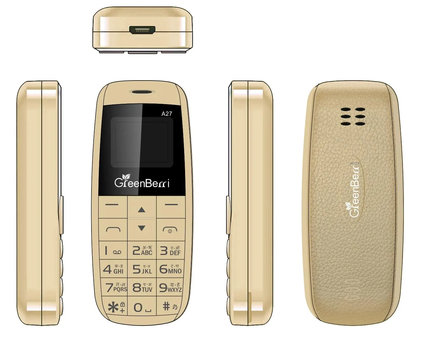 GREENBERRI A27 Mini Small Mobile Phone Bluetooth Dialer Headset 0.66 INCH FSTN Display/Dual SIM Card Dual Standby/DetachablePolymer 600mah Battery (GOLD)