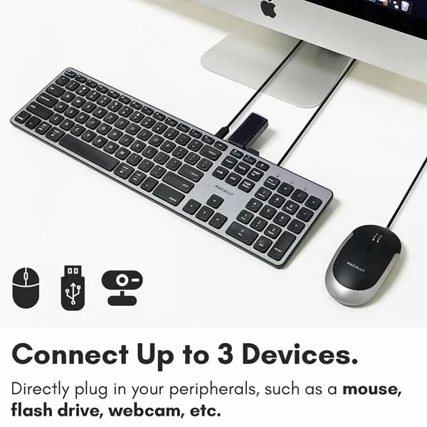 MACALLY Full Size Wired USB-C Keyboard with USB Ports