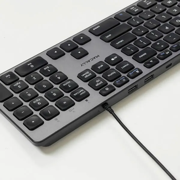MACALLY Full Size Wired USB-C Keyboard with USB Ports