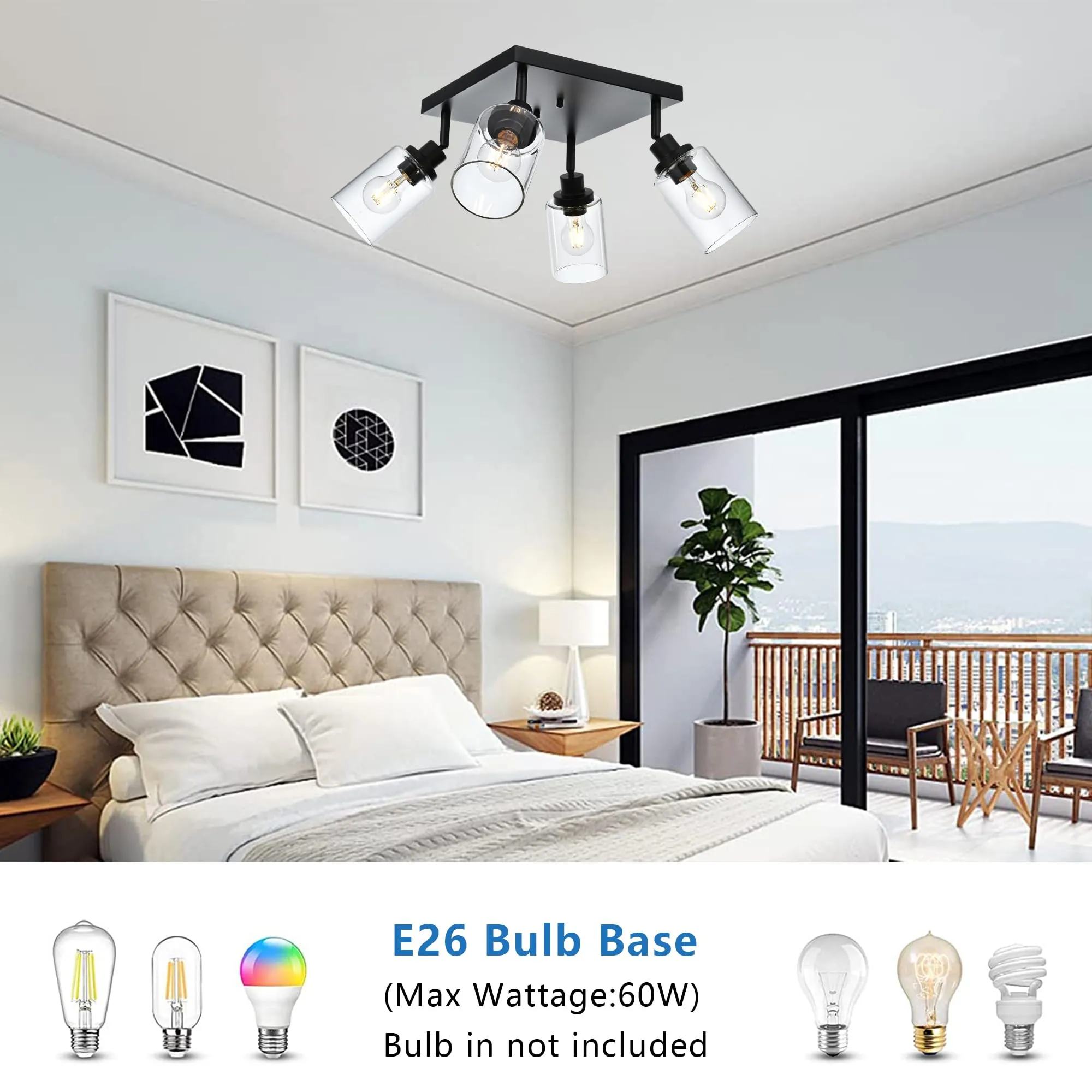 MELUCEE 4-Light Track Ceiling Light Semi Flush Mount Directional Square Ceiling Spotlight with Clear Glass Shade Adjustable Flush Mount Track Light Kit for Kitchen Dining Room Hallway Bedroom