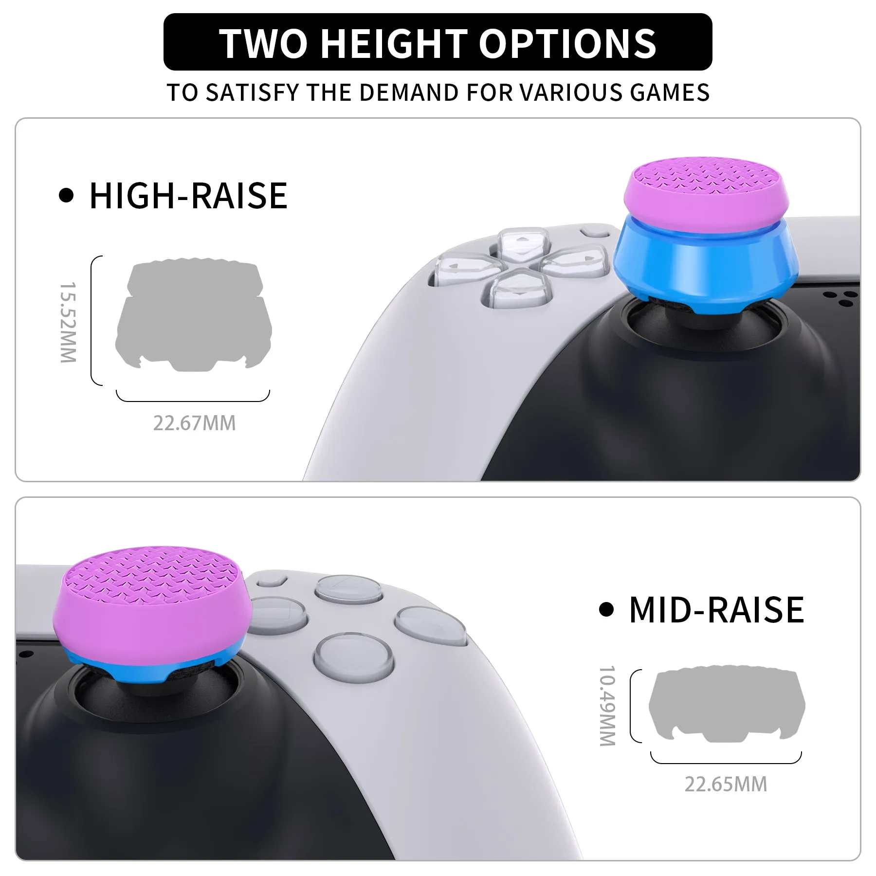 PlayVital Orchid Purple & Heaven Blue Thumbs Pro Armor Thumbstick Extender Joystick Caps Grip for ps5Controller -2 High Raise and 2 Mid Raise Dome - PJM4004