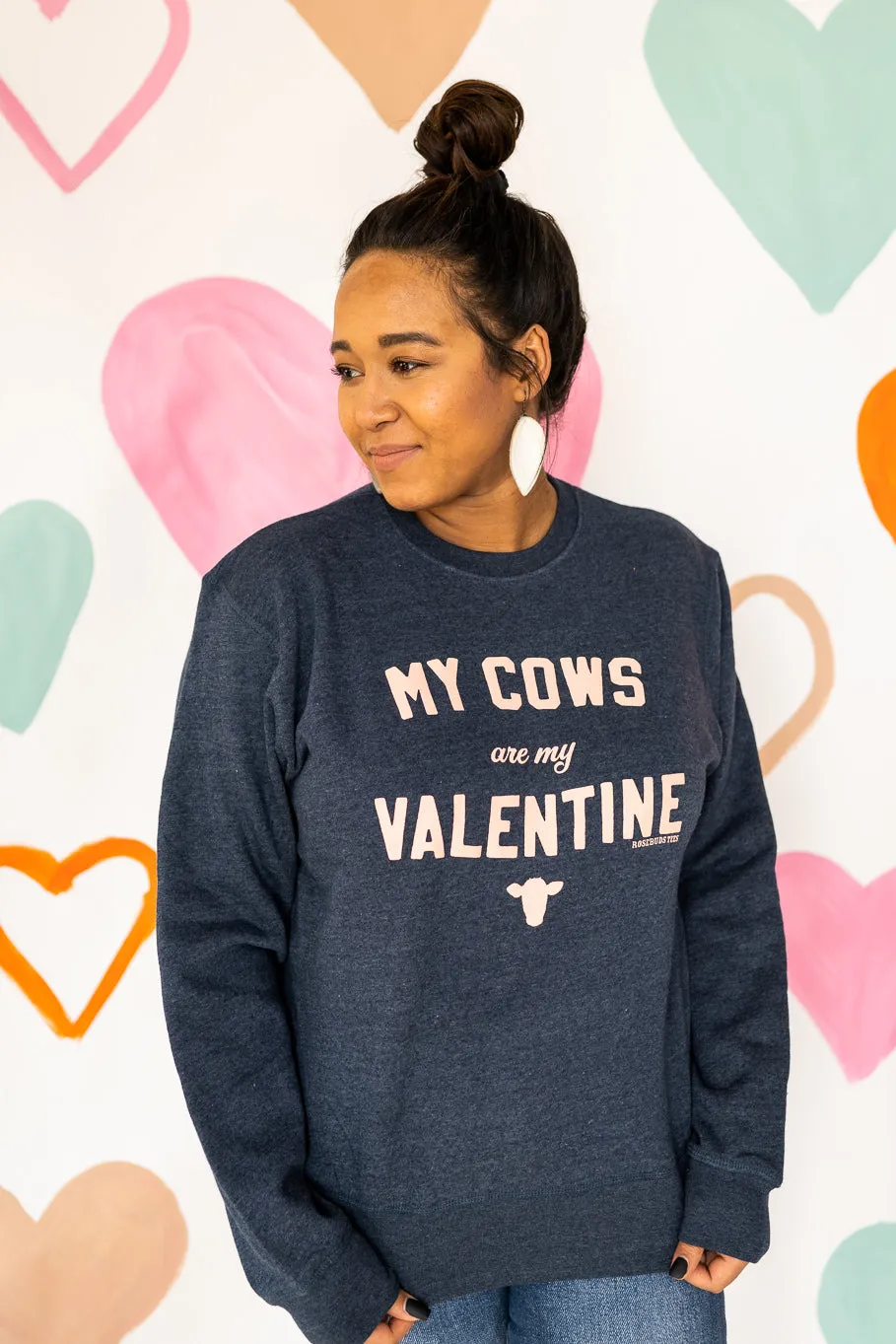 Size Small  "My Cows Are My Valentine" Navy Crewneck Sweatshirt