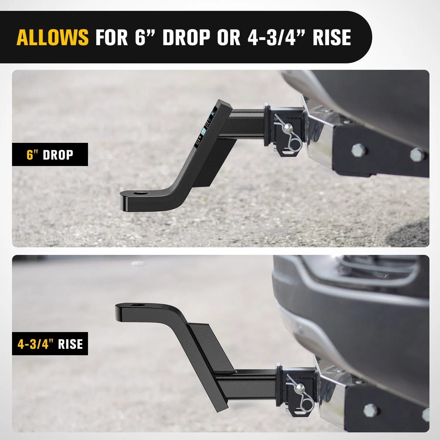 Trailer Hitch Ball Mount with 5/8in Hitch Pin Clip Fits 2In Receiver Square 6in Drop 4-3/4in Rise 1in Hole Gloss Black Powder Coat