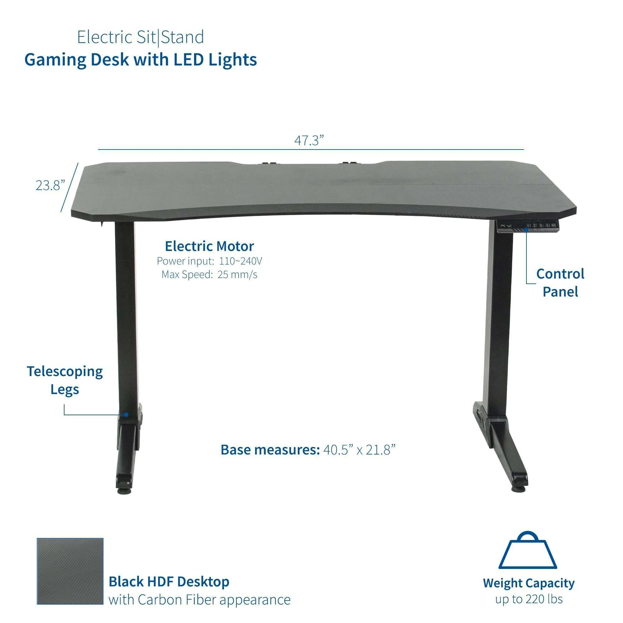 VIVO DESK-GME2B 47” Electric Height-Adjustable Gaming Desk with LED Lights